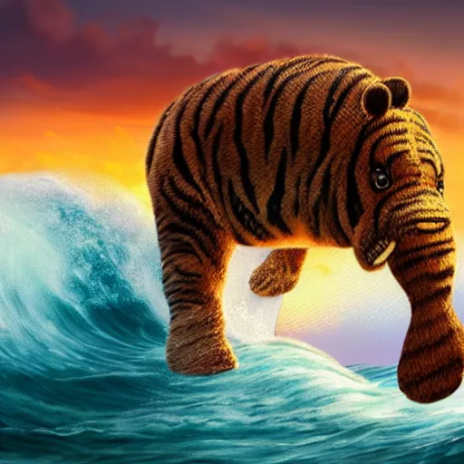 Image similar to a closeup photorealistic photograph of a cute smiling knitted tiger hippopotamus riding a large wave at sunset. surf in background. professional capture. brightly lit scene. this 4 k hd image is trending on artstation, featured on behance, well - rendered, extra crisp, features intricate detail, epic composition and the style of unreal engine.