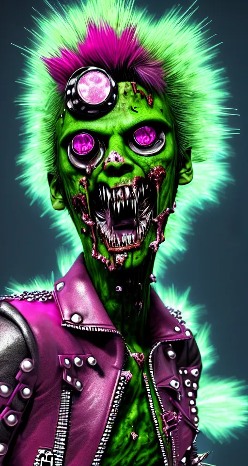 Prompt: action shot of a punk rock zombie with green skin and pink crystal mohawk, red leather jacket, covered in florals and gems, digital art, octane render, fantasy, photorealistic, cinematic lighting, art by hajime sorayama, wayne barlowe, boris vallejo