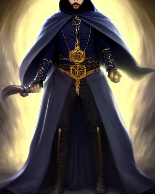 Image similar to handsome male mage fighting, long black hair blue eyes wearing cloth mantle gothic navy cloak with gold details, tree town, fantasy character portrait, ultrarealistic, intricate details, elegant, cinematic lighting, highly detailed, artstation, cgsociety, sharp focus, beautiful digital painting by artgerm, wlop, greg rutkowski