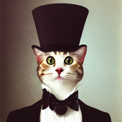 Image similar to a cat wearing a top hat and a bow tie, a stock photo by René Magritte, shutterstock contest winner, pop surrealism, steampunk, surrealist, handsome