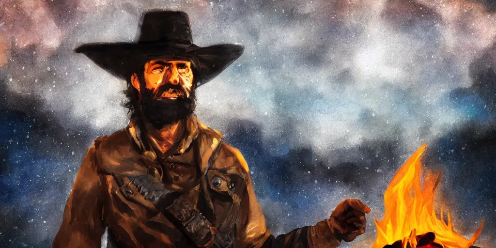 Prompt: close up portrait of rugged bandit cialien murphy ( ( alone ) ) in the old west, handcuffed by shackles at a campfire volumetric lighting, cinematic, dark, grim, digital painting, starry sky, in the style of anime