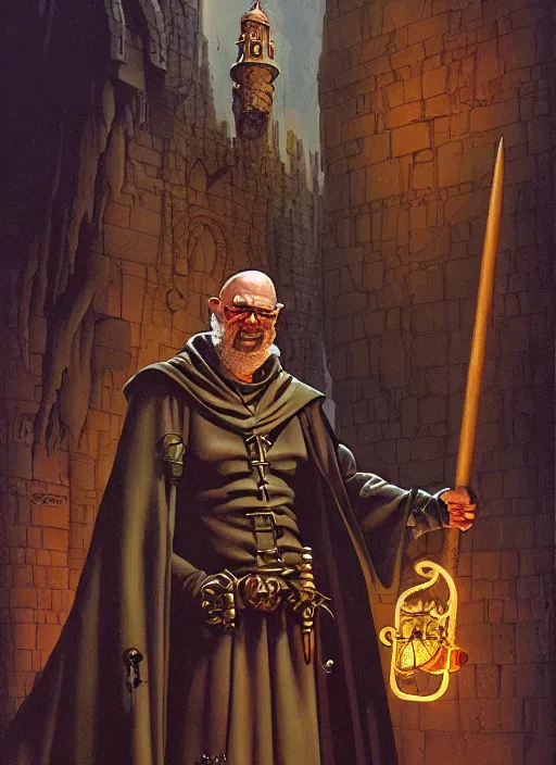 Image similar to highly detailed, hyper realistic wizard with a dungeon background by mike mignola frank frazzeta james gurney