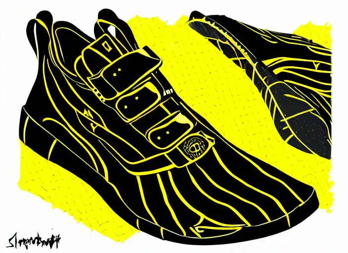 Image similar to glowing black sneaker, wth short golden lines, yellow details, symmetrical, highly detailed, digital art, sharp focus, trending on art station, samurai, electricity superpowers, anime art style