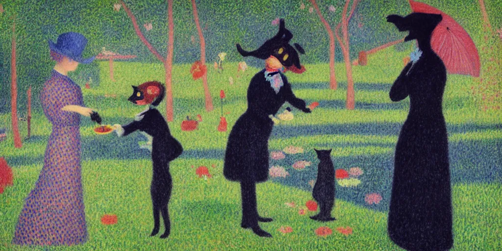 Image similar to anthropomorphic black cat in a suit serving tea to a lady in a beautiful blue dress on a boat, garden, flowers, lake, pastel colors, anthropomorphic cat, sunny, sharp focus, highly detailed, pointillist style, art by Georges Seurat, painting, masterpiece