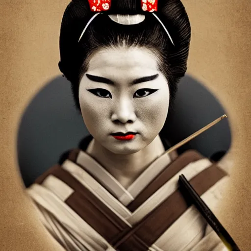 Image similar to geisha as a samurai, in battle, advertising photography