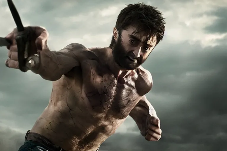 Image similar to Daniel Radcliffe as Wolverine in 'Logan 2' (2023), movie still frame, promotional image, imax 70 mm footage, oscar nominated cinematography, volumetric lighting, 8k resolution