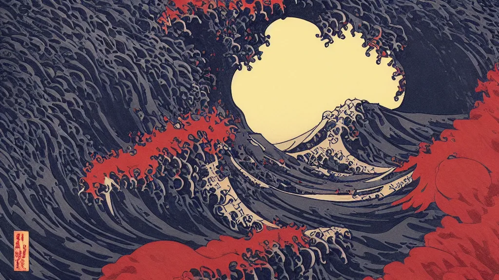 Image similar to a lava tsunami in the style of hokusai, artstation, digital art,