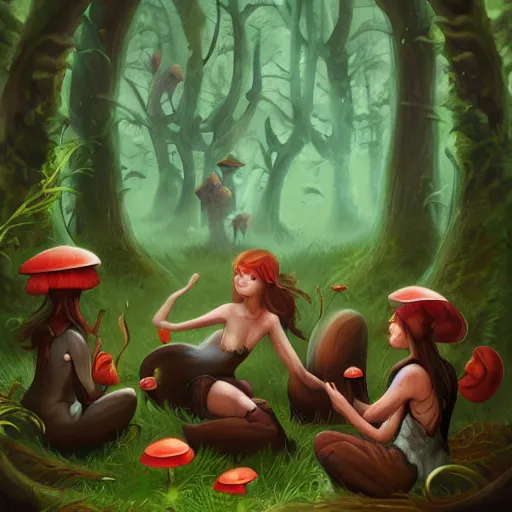 Prompt: forest witch gathering mushrooms, 2d, art direction, artstation, digital painting