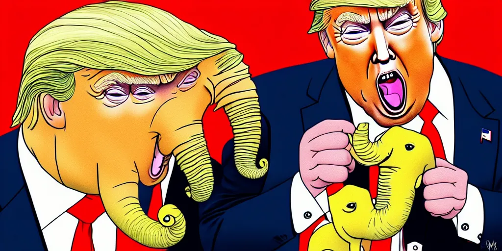 Image similar to donald trump eating an elephant, inspired by tom richmond