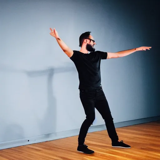 Prompt: photograph of youtuber michael stevens dancing