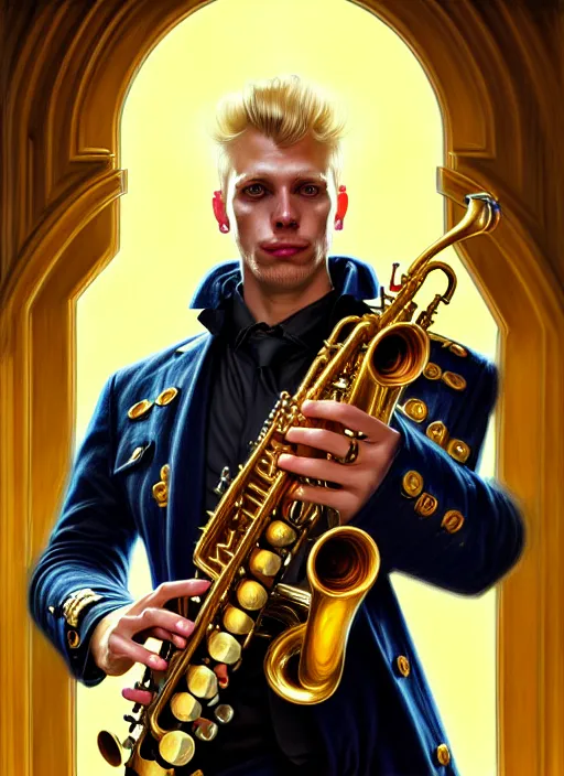 Image similar to portrait of a blond man playing sax, warhammer 40000, cyberpunk, intricate, elegant, highly detailed, digital painting, artstation, concept art, smooth, sharp focus, illustration, art by artgerm and greg rutkowski and alphonse mucha and Gustav Klimt