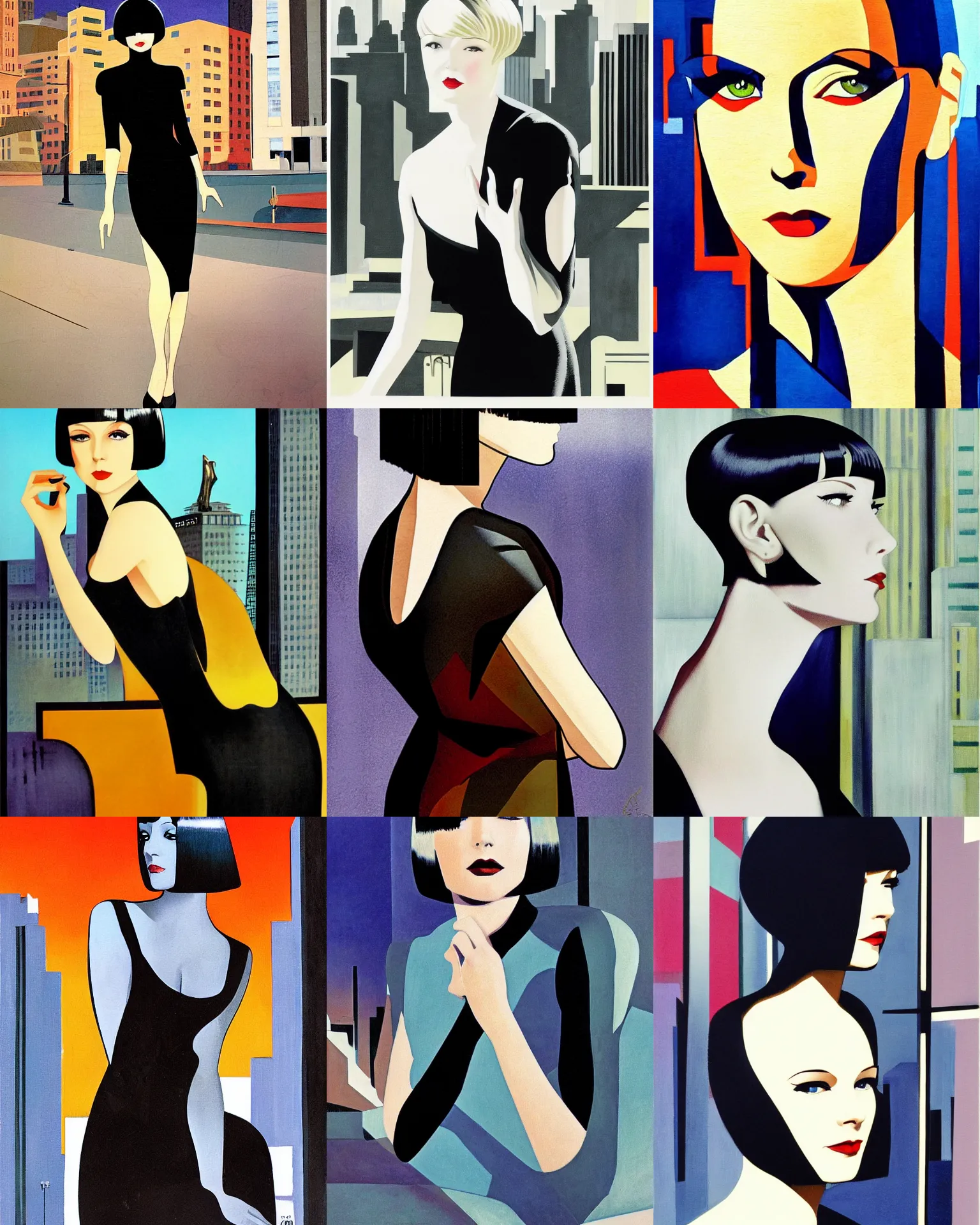 Prompt: mary louise brooks, shiny bob haircut, dramatic light, art deco buildings, city background, high contrast, sharp, painted by stanley lau,, painted by stanley artgerm,, painted by patrick nagel