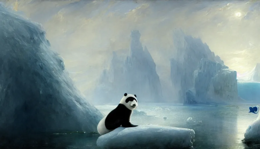 Prompt: highly detailed painting of a standing humanoid creature thats half human male man and half cute baby white furry seal panda hybrid on a blue and white iceberg by william turner, by greg rutkowski, by william constable, thick brush strokes and visible paint layers, 4 k resolution