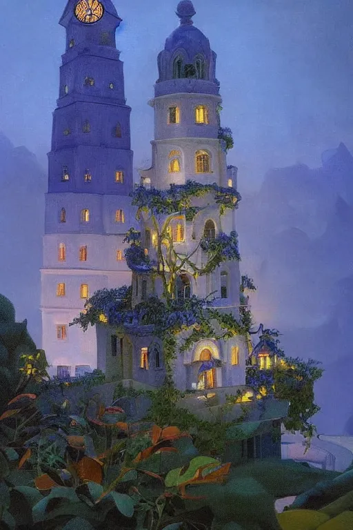 Image similar to view of the mysterious blue tower in its gardens after a storm, tall windows lit up, beautiful ornament, dramatic cinematic lighting, rich colors, by Ludwig Deutsch and April Gornik and Nicholas Roerich and Sylvain Sarrailh