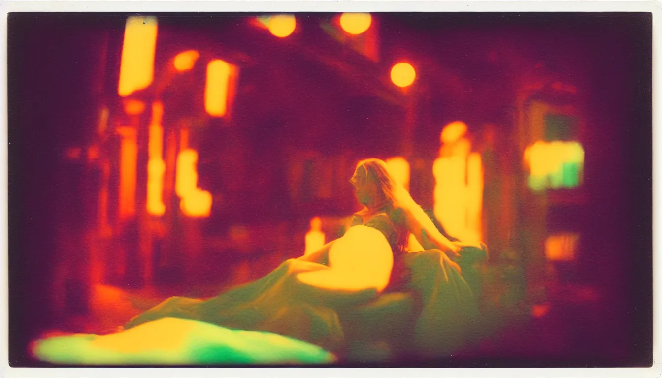 Prompt: colorful instant photograph of lady of shalott in jello in a city at night, polaroid, light leak, raw, nostalgic