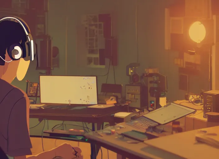 Image similar to man with headphones at his home studio producing music late at night, very detailed, 4 k, cory loftis, james gilleard, atey ghailan, makoto shinkai, goro fujita, studio ghibli, rim light, exquisite lighting, clear focus, very coherent, masterpiece