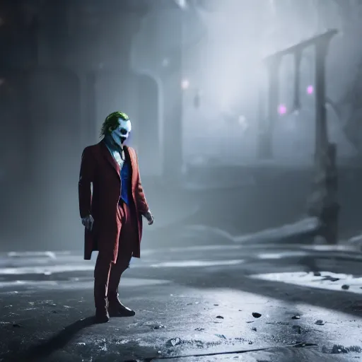 Prompt: the joker in valheim, splash art, movie still, cinematic lighting, ray tracing, octane render, long lens, shallow depth of field, bokeh, anamorphic lens flare, 8 k, hyper detailed, 3 5 mm film grain