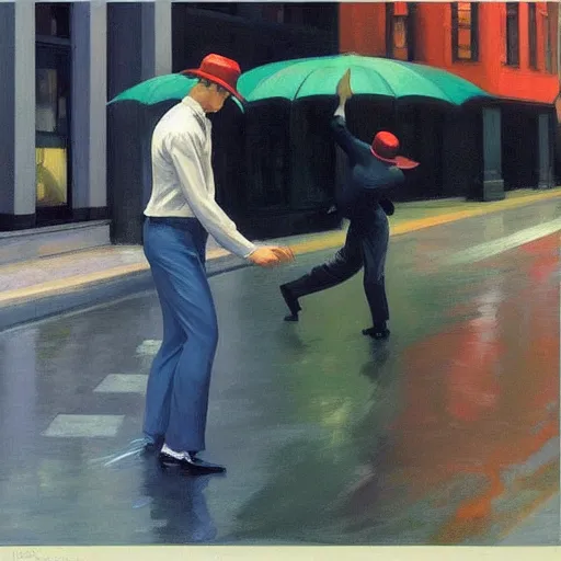 Image similar to man dancing in the rain, edward hopper, trending on artstation, hajime sorayama