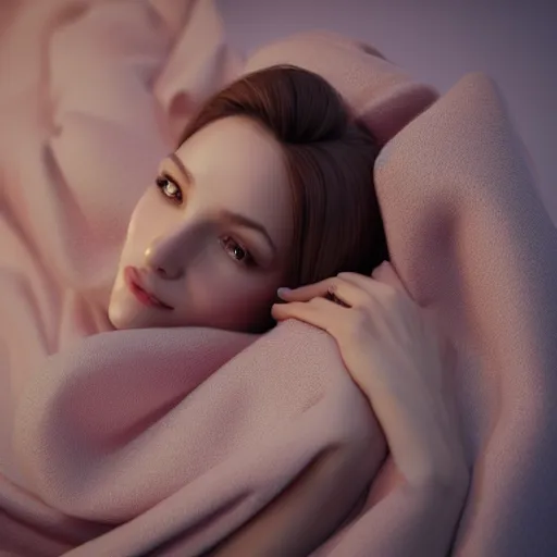 Image similar to 3 d render of a cute thin young woman, red blush, wearing casual clothes, small smile, relaxing on a couch, cuddling up under a blanket, cozy living room, medium shot, 8 k, octane render, trending on artstation, art by artgerm, unreal engine 5, hyperrealism, hyperdetailed, ultra realistic