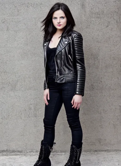 Image similar to young woman in her 20s, she wears a leather jacket and boots, full body shot, taken by a nikon, very detailed face