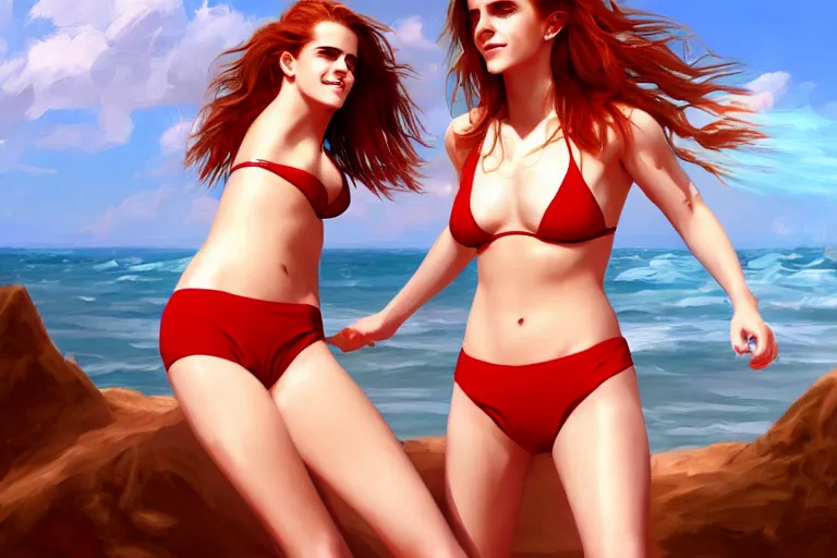 Image similar to Red-haired beauty Emma Watson in a bikini, full body, full height , highly detailed, mid-shot ,pixiv , digital painting , concept art