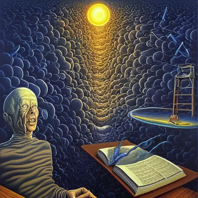 Prompt: an oil on canvas portrait of a man delving to deep into the ultimate truth, surrealism, surrealist, cosmic horror, rob gonsalves, high detail