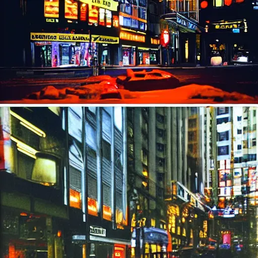 Image similar to outdoorsy guys club likes to look at the exteriors of urban architecture shot on film in technicolor:3 by darius khondji wong kar-wai night: 2 time scenes reflections through windows:2 red:4 and blue:3 lights orange:4 lights busy nightlife:2 in city scene nostalgic:3 quality