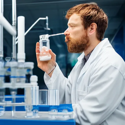 Prompt: white male with a short beard wearing a lab coat and drinking from a flask in a laboratory