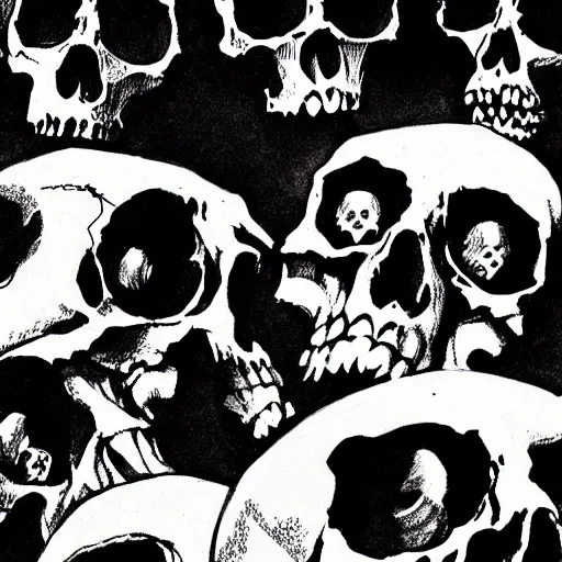 Image similar to Skulls lying under a dead tree. Close Up Shot, Dark Fantasy, Film Noir, Black and White. High Contrast, Mike Mignola, D&D, OSR