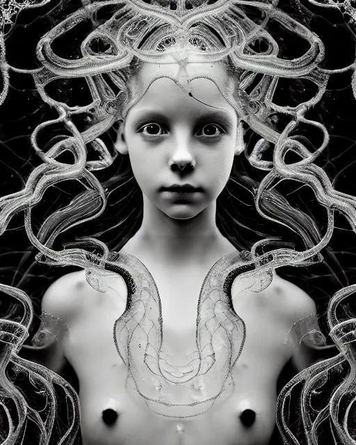 Prompt: surreal mythical dreamy underwater artistic black and white photo of a translucent beautiful young female angelic - medusa - vegetal - cyborg - doll covered with fish scales, highly detailed, intricate crystal ivy jelly fish scales ornate, poetic, translucent algae ornate, digital art, octane render, 8 k artistic photography, photo - realistic, by diane arbus in the style of gustave dore