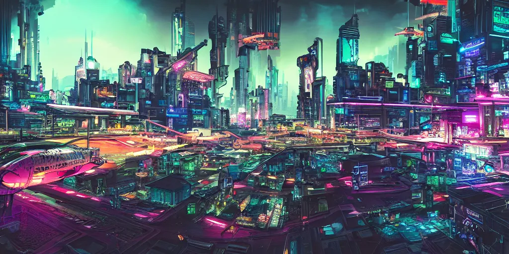 Image similar to cyberpunk port city, flying cars seen in distance, night time, neon, artificial lighting, digital art, highly detailed