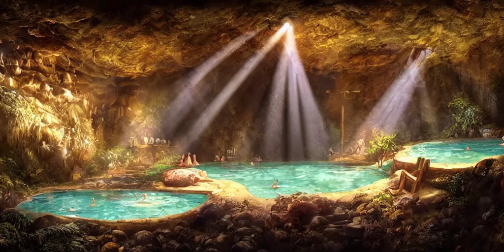 Prompt: detailed interior of cozy hotsprings hidden inside a cave, small waterfalls, lush vegetation, flowers, towels, plates of fruit, god rays, light shafts, stunning atmosphere, by gerald brom, cinematic lighting