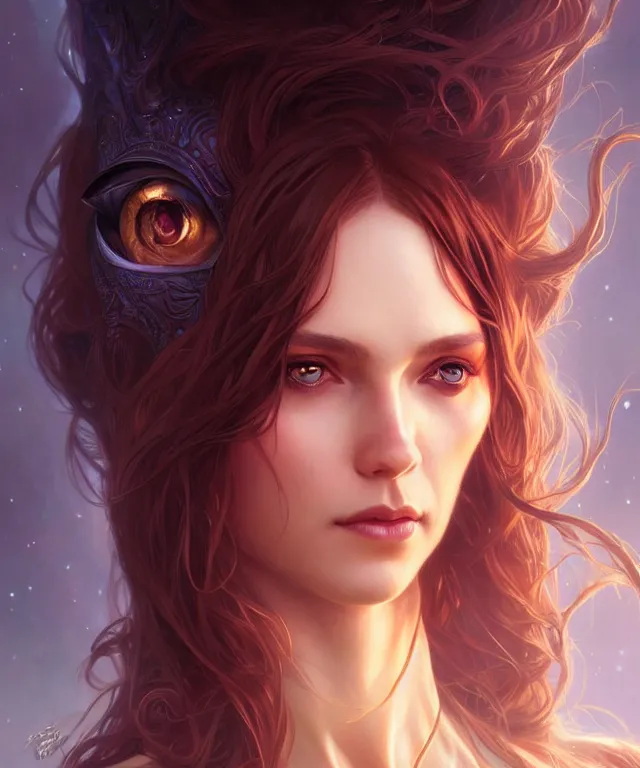 Image similar to fantasy magic woman portrait, sci-fi, amber eyes, face, long hair, fantasy, intricate, elegant, highly detailed, digital painting, artstation, concept art, smooth, sharp focus, illustration, art by artgerm and greg rutkowski and alphonse mucha