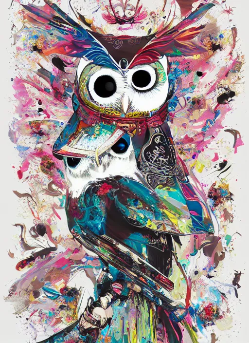 Image similar to arrogant elegant medium shot of white one - eyes owl dressed in samurai garment, pixiv fanbox, dramatic lighting, maximalist pastel color palette, splatter paint, pixar and disney exploded - view drawing, graphic novel by fiona staples and dustin nguyen, peter elson, alan bean, wangechi mutu, clean cel shaded vector art, trending on artstation