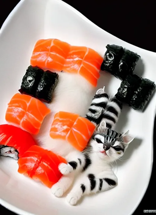 Image similar to clear photorealistic picture of adorable cats made out of sushi