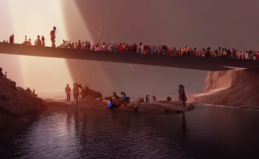 Image similar to incredible, mindblowing, refugees crossing a beautiful bridge made of rainbow hardlight, matte painting, artstation, cgsociety, dramatic lighting, concept art, octane render, arnold 3 d render