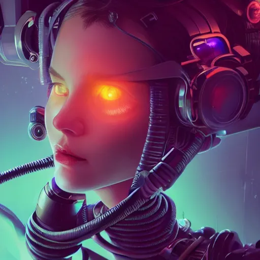 Prompt: Cute cyborg girl , surrounded by cables , illustrated by Greg Rutkowski and Moebius, 35mm lens, beautiful macro close-up imagery, vibrantly lush neon lighting, beautiful volumetric-lighting-style atmosphere, a dark future atmosphere, intricate, ultra detailed, photorealistic imagery, trending on artstation, 4k, 8k