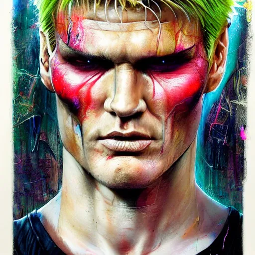 Image similar to a Demon Slayer portrait of Dolph Lundgren, tall, pale-skinned, slender with lime green eyes and long eyelashes by Stanley Artgerm, Tom Bagshaw, Arthur Adams, Carne Griffiths, trending on Deviant Art, street art, face enhance, chillwave, maximalist, full of color, glittering