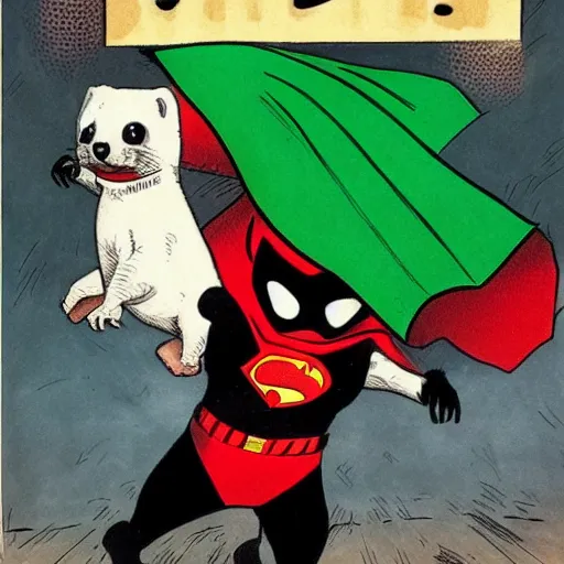 Prompt: A ferret is a superhero, cute green cape, black mask, red suit, he's fighting a villain, comic book art