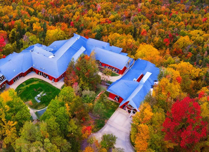 Prompt: low drone shot of a Disney style ranch style School campus in the middle of the Woods during autumn