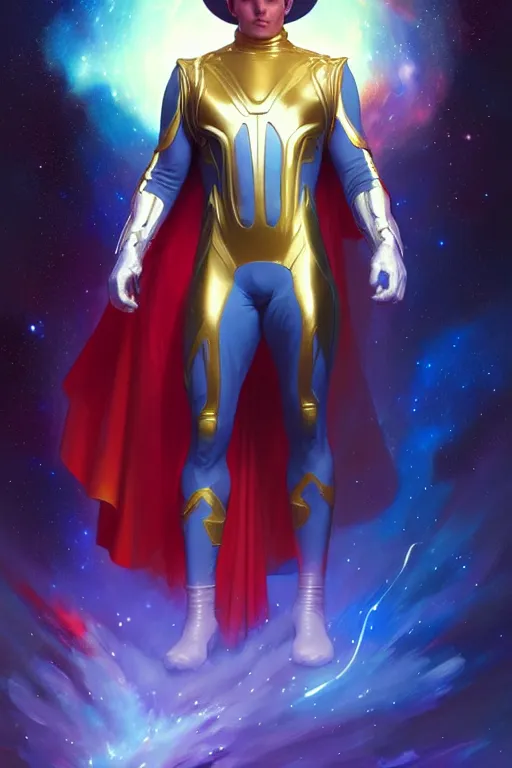 Image similar to a nebula powered male dressed as a superhero. space background, dynamic lighting, clean elegant painting, beautiful detailed face. by artgerm and greg rutkowski and alphonse mucha, 4 k