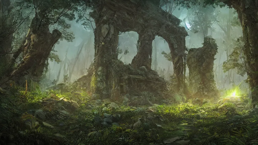 Image similar to Ancient alien ruins in the middle of an overgrown forest, dreamscape, dramatic lighting, fantasy art illustration, trending on artstation, Aetherpunk