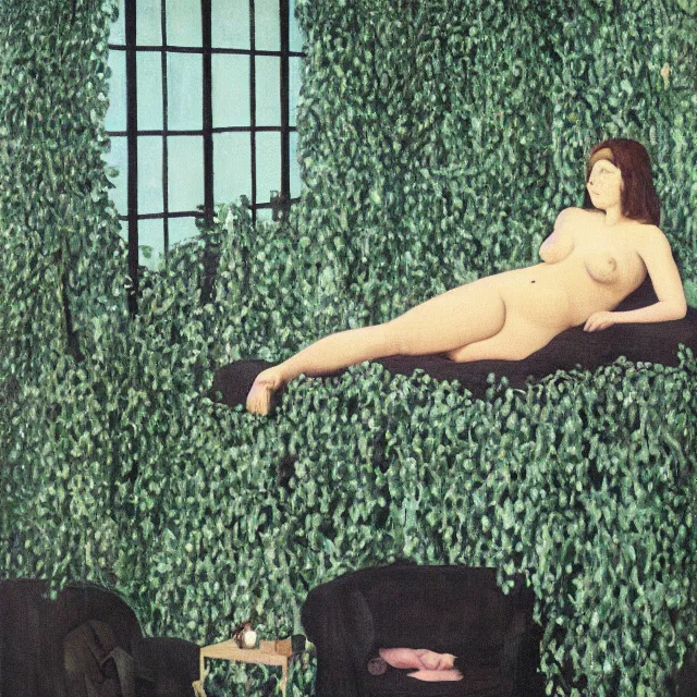 Image similar to a pathology student in her apartment, wrapped in vines, large stones, pig, black walls, black armchair, puddles, moss, acrylic on canvas, surrealist, by magritte and monet