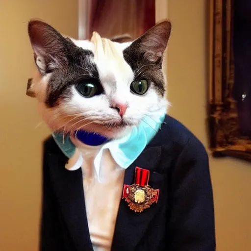 Prompt: a cat dressed up as queen elizabeth