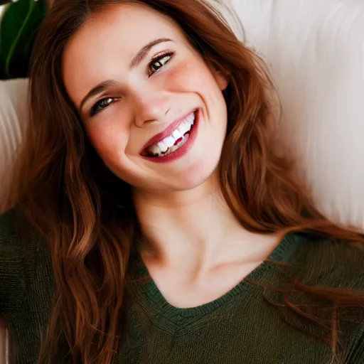 Image similar to Photo of a cute young woman smiling, long shiny bronze brown hair, full round face, emerald green eyes, medium skin tone, light cute freckles, smiling softly, wearing casual clothing, relaxing on a modern couch, interior lighting, cozy living room background, medium shot, mid-shot, soft focus, professional photography, Portra 400