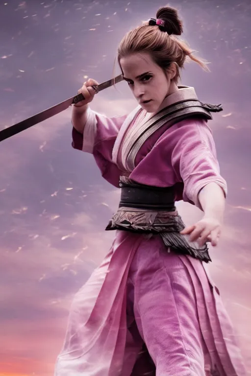 Prompt: highly detailed beautiful photo of emma watson as a young female samurai, practising sword stances, symmetrical face, beautiful eyes, pink hair, realistic anime art style, 8 k, award winning photo, pastels colours, action photography, 1 / 1 2 5 shutter speed, sunrise lighting