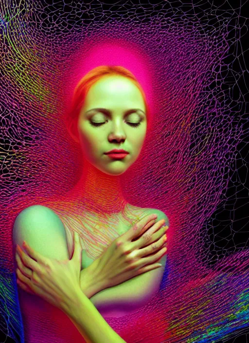 Prompt: hyper detailed 3d render like a Oil painting - Aurora (Singer) Eats of the Strangling network of aerochrome Fruit and Her delicate Hands hold of gossamer polyp blossoms bring iridescent fungal flowers whose spores black the foolish stars by Jacek Yerka, Mariusz Lewandowski, Houdini algorithmic generative render, Abstract brush strokes, Masterpiece, Edward Hopper and James Gilleard, Zdzislaw Beksinski, Mark Ryden, Wolfgang Lettl, hints of Yayoi Kasuma, octane render, 8k