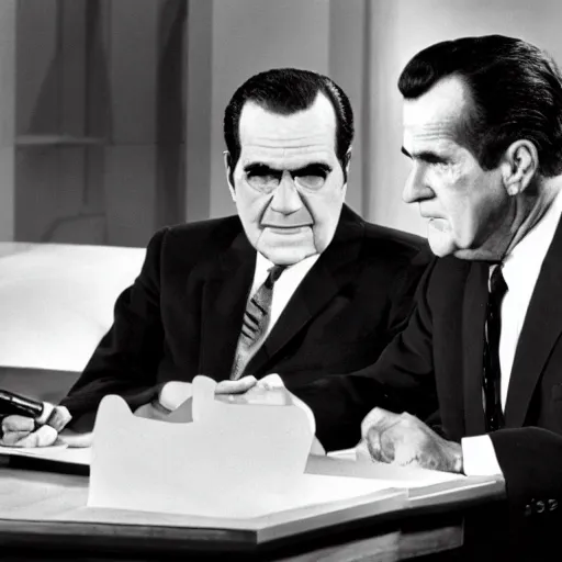 Image similar to presidential debate between waluigi and richard nixon, 1 9 6 0, still, photograph, photo, black and white