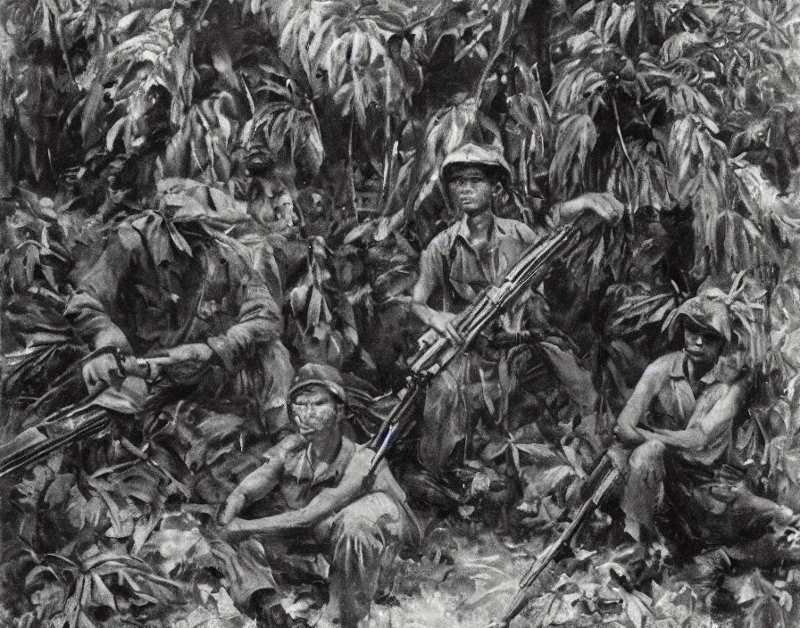 Prompt: the portrait of a communist guerrilla waiting in the dark cervices to ambush, tropical jungle warfare during the Malayan Emergency 1950, masterpiece of social realist oil painting by Chua Mia Tee, British Pathe archive, National War Museum, Nanyang Arts Equator art movement, realistic, cinematic, 8k resolution, intricate jungle.