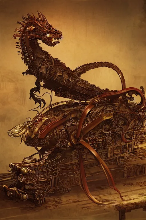 Image similar to illustration, single whole live dragon, old sick gold and crimsoned scaled asian style dragon on a steam punk plank of machinery with wires and gears and steam punk apparatus, matte painting, style of studio ghibli, concept art, featured in artstation and artgerm and pixiv, award winning, cinematic, 8 k